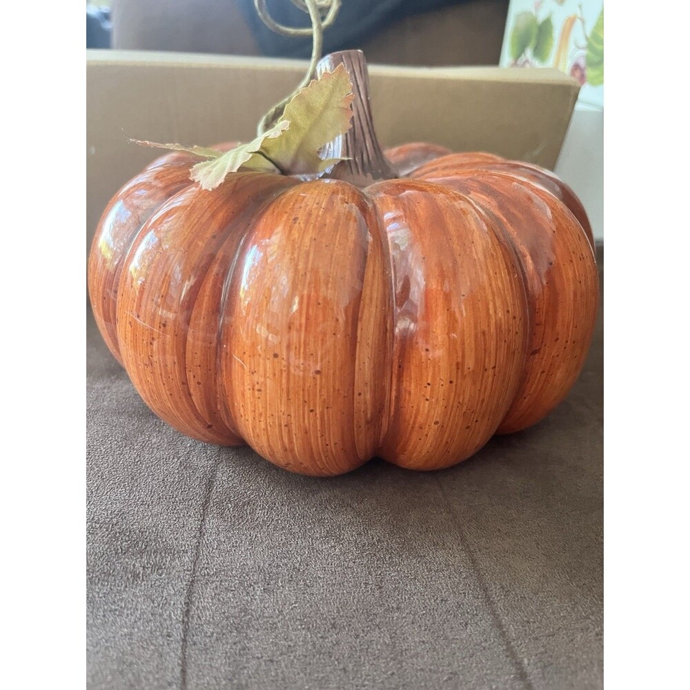 Ceramic Pumpkin Harvest Fall Decor 7” Orange w/ Metal Leaf 2 Small Scratches